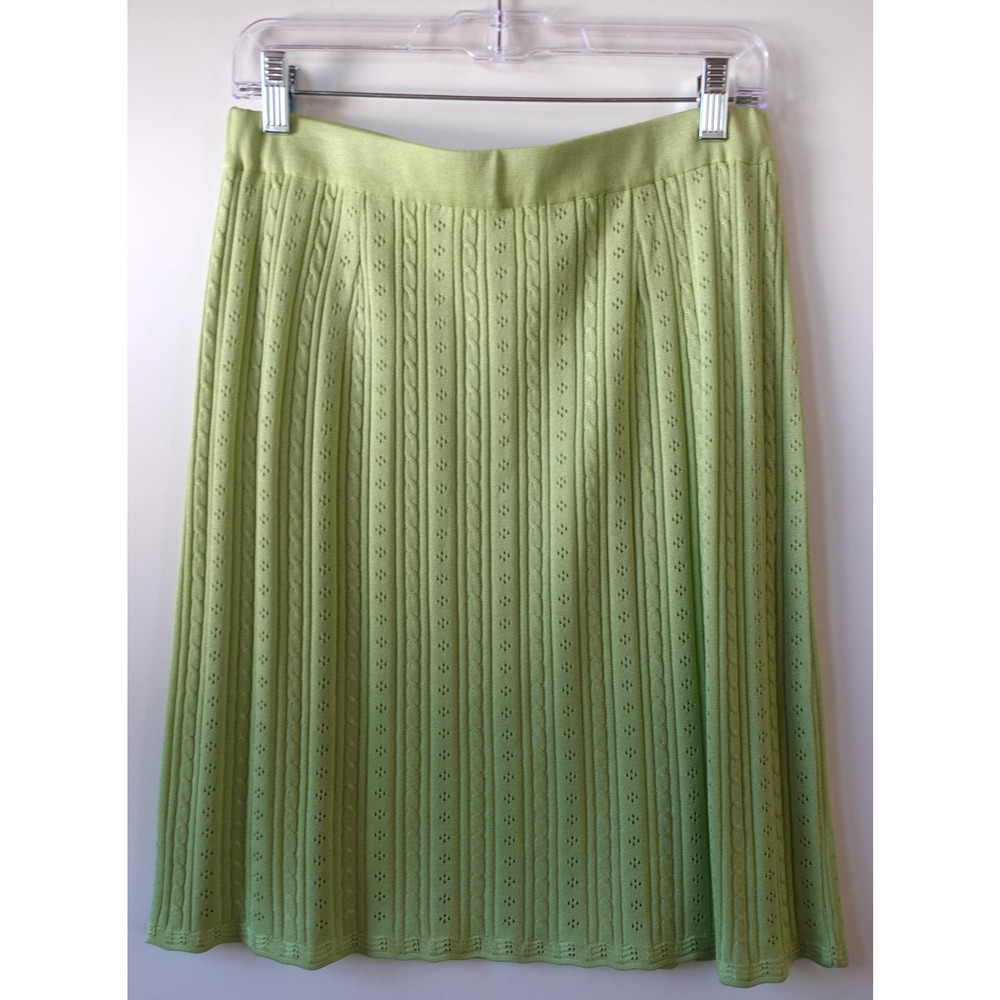 Misook Skirt XL Lime Green Eyelet Pull On Stretch‎ Pleated Retro Cable Knit Vtg